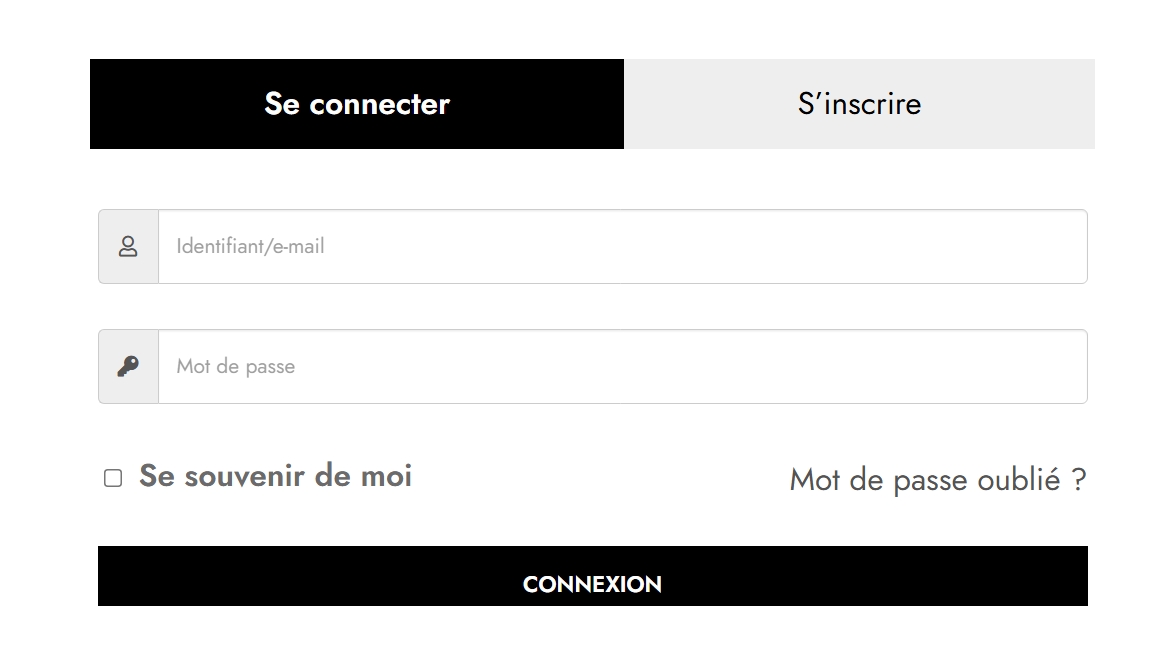 Formulaire de connexion avec des champs pour l'identifiant et le mot de passe, et des boutons pour se connecter et s'inscrire.
