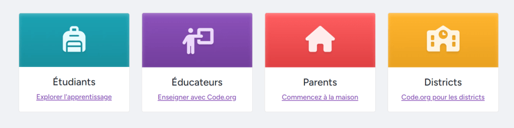 Quatre sections colorées avec des icônes représentant les étudiants, éducateurs, parents et districts, avec des textes en français décrivant leurs rôles respectifs dans l'apprentissage de l'informatique.