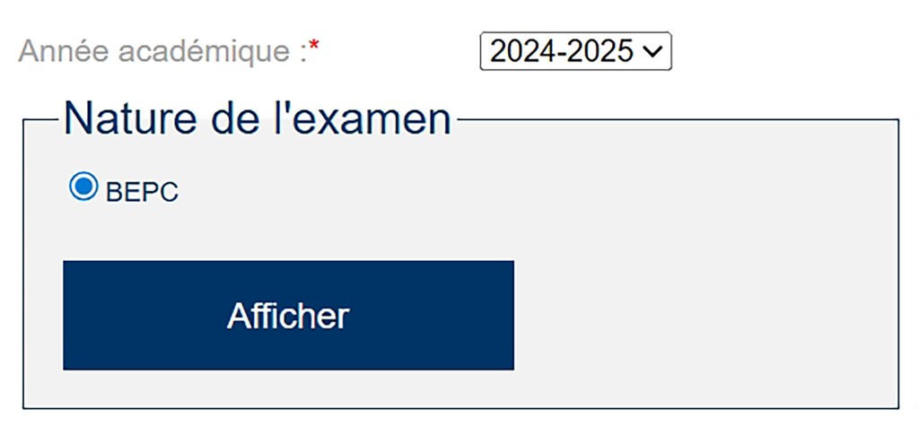 Formulaire d'examen pour l'année académique 2024-2025 avec une option sélectionnable pour le BEPC et un bouton 'Afficher'.