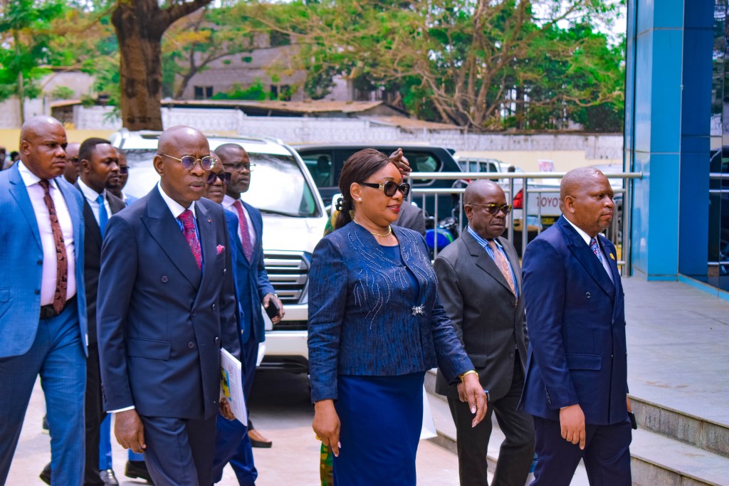 Un groupe de personnes en costume marchant vers un amphithéâtre, avec un arbre et des véhicules en arrière-plan.