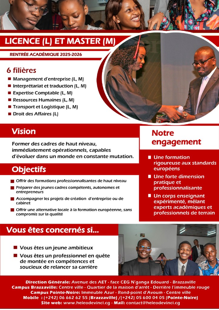 Affiche promotionnelle de la Haute Ecole Léonard de Vinci pour les programmes deLicence et Master 2025-2026, incluant des informations sur les filières et les objectifs de formation.