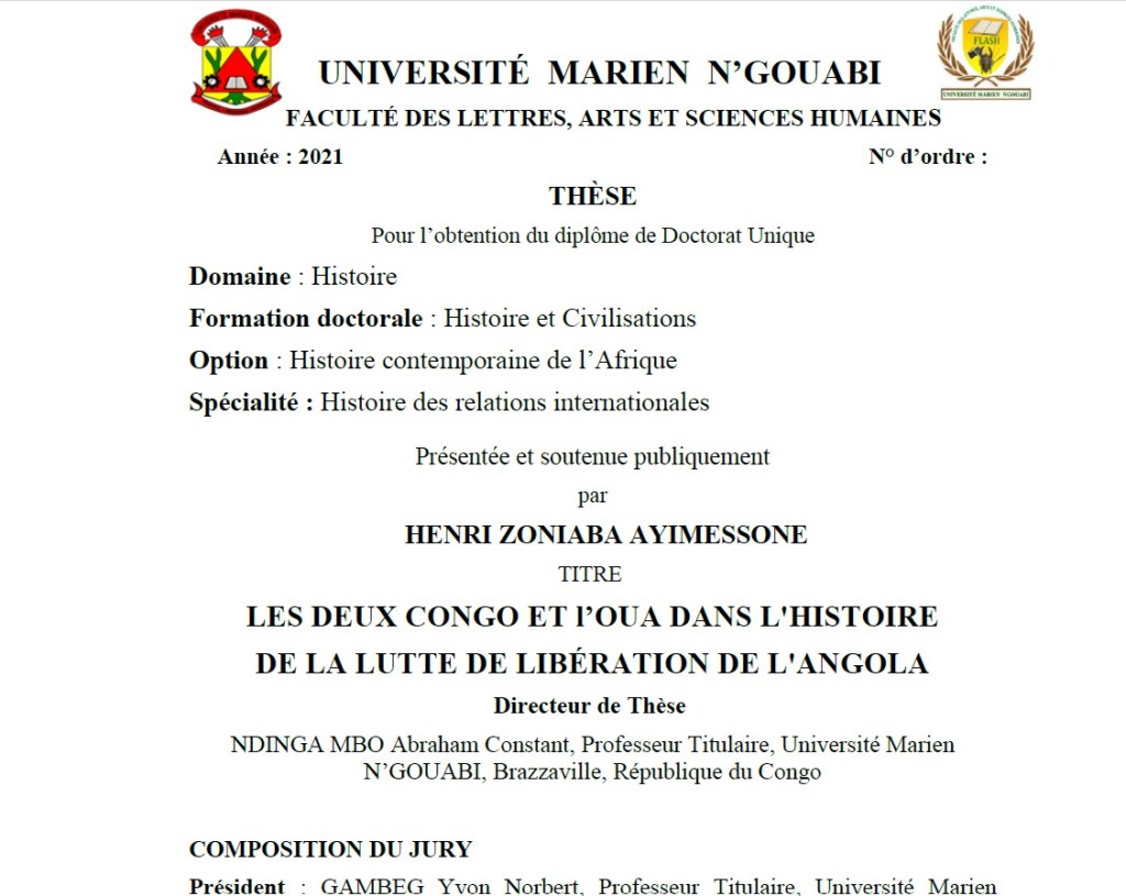 Document officiel de thèse présenté à l'Université Marien N'gouabi, détaillant le domaine, la formation doctorale et le titre de la recherche d'Henri Zoniaba Ayimessone.