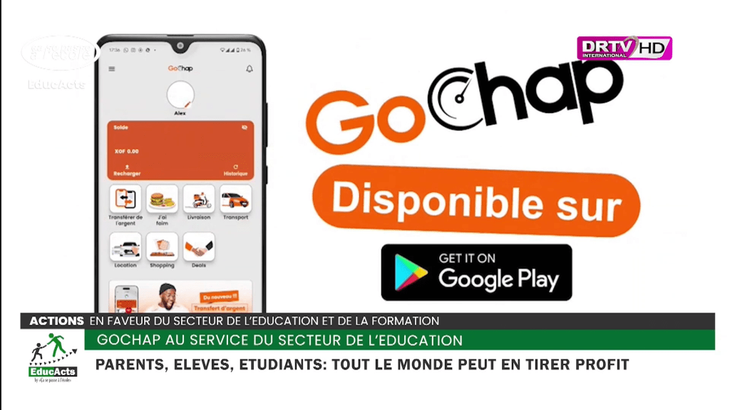 Capture d'écran de l'application GoChap montrant le menu des services, y compris le solde, les options de transport et des fonctionnalités supplémentaires, avec le logo de GoChap et une indication de disponibilité sur Google Play.