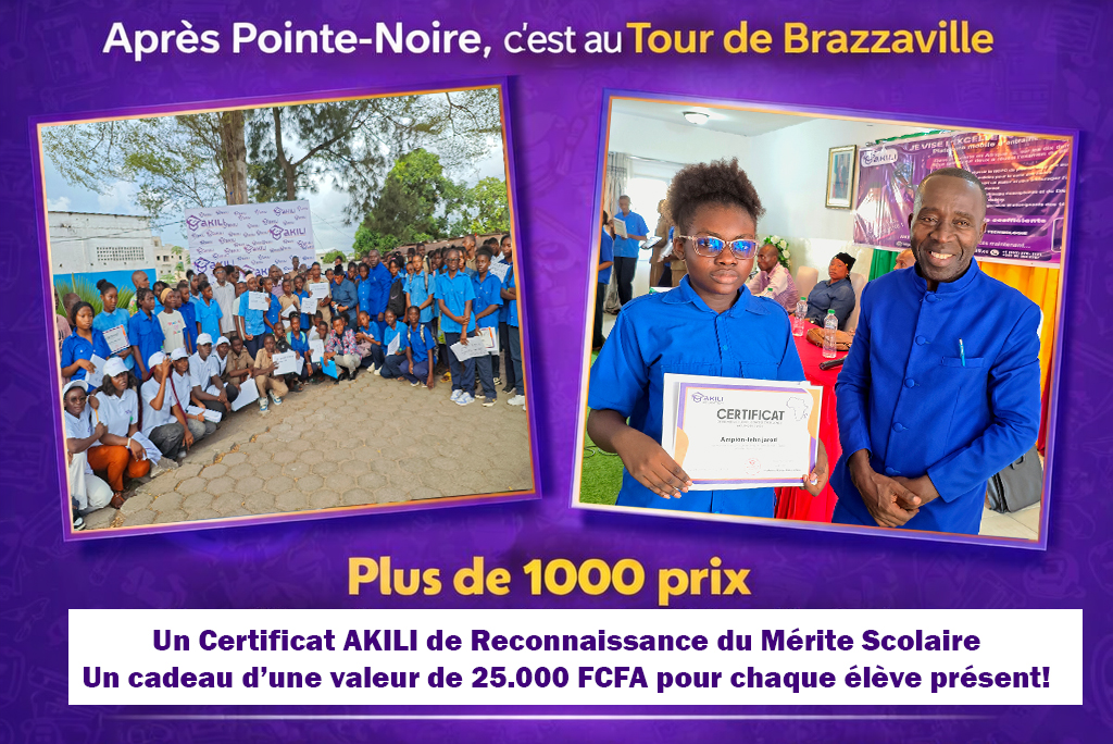 Groupe d'élèves en bleu tenant des certificats lors d'une remise de prix à Brazzaville.